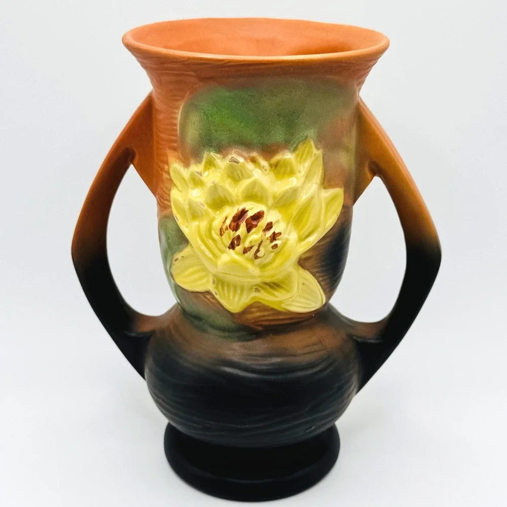Roseville Water Lily 74-7 Vase Brown Green Yellow 1943 Art Pottery USA 7.25